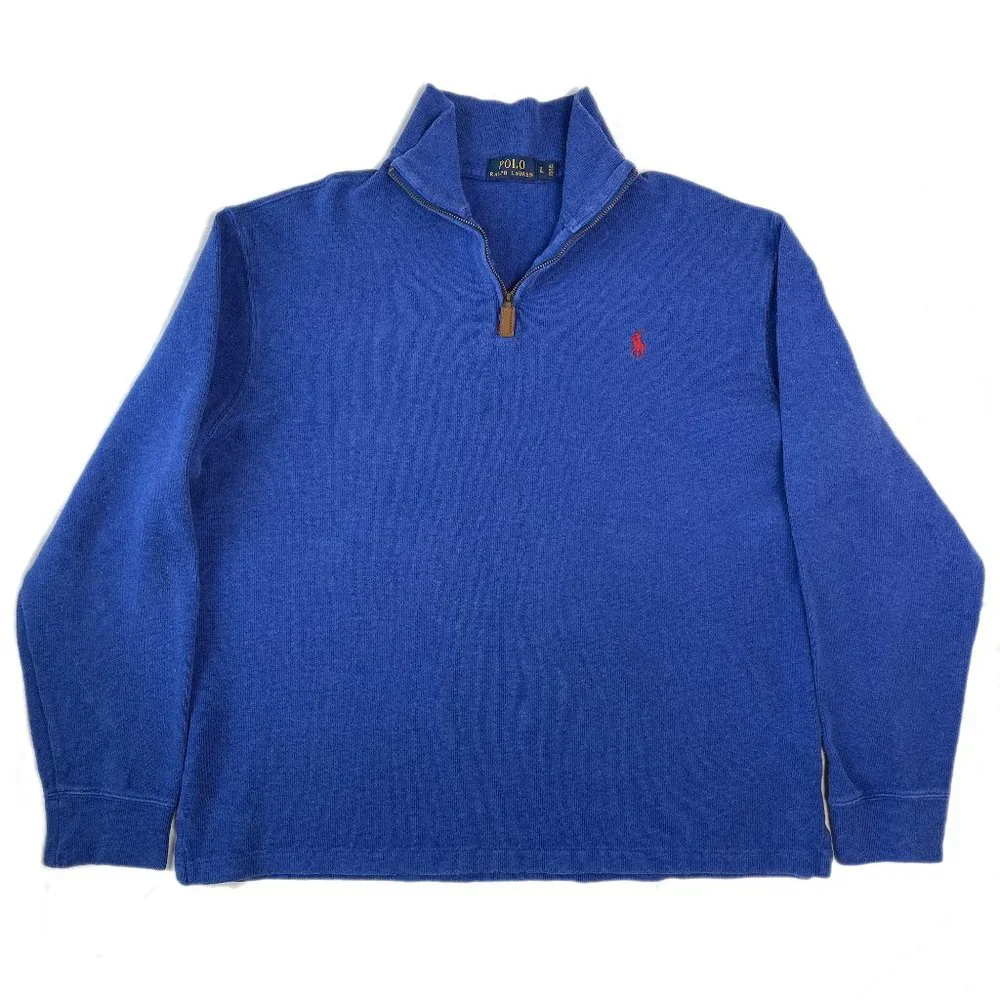Polo Ralph Lauren Quarter Zip Sweater Men's Size Large 100% Cotton Blue Red